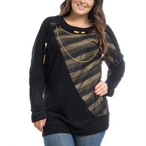 Dila Ladies Womens Knit Top Long-Sleeve Black Olive Striped Plus Size 1X